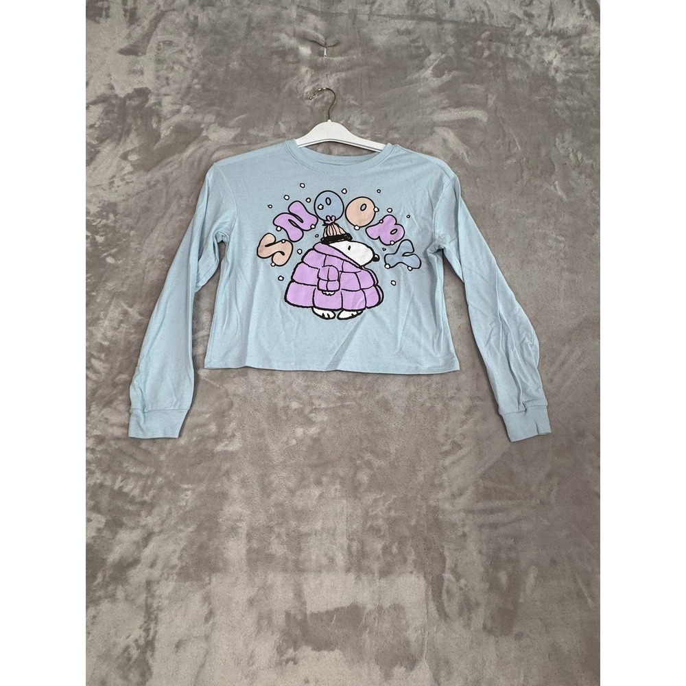 Peanuts Snoopy Long Sleeve Shirt Girls L 10 12 Blue Cropped Graphic Tee Top‎